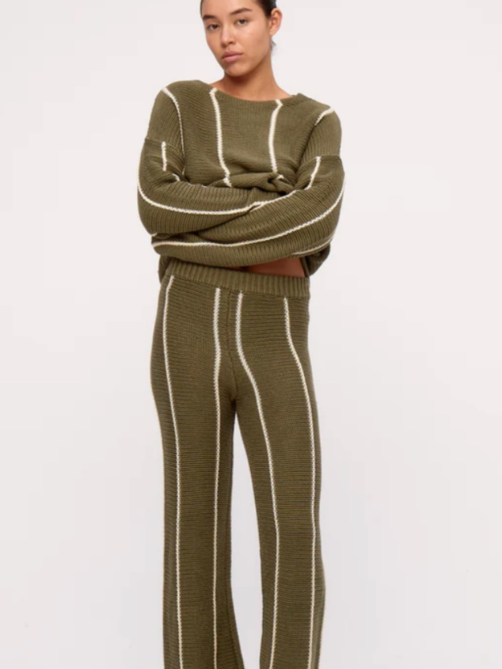 Zulu & Zephyr Olive Striped Wide-Leg Pant Size 0-2 Knit Cotton Flare (R)